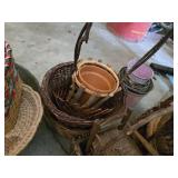 Assorted Baskets and Buckets Lot including Wicker Baskets, Tree Bark Planter, and Metal Pails