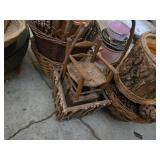 Assorted Baskets and Buckets Lot including Wicker Baskets, Tree Bark Planter, and Metal Pails
