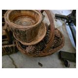 Assorted Baskets and Buckets Lot including Wicker Baskets, Tree Bark Planter, and Metal Pails