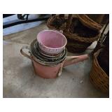 Assorted Baskets and Buckets Lot including Wicker Baskets, Tree Bark Planter, and Metal Pails