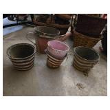 Assorted Baskets and Buckets Lot including Wicker Baskets, Tree Bark Planter, and Metal Pails