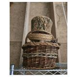 Assorted Baskets and Buckets Lot including Wicker Baskets, Tree Bark Planter, and Metal Pails