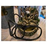 Lot of small metal buckets, decorative fountain, and various tools