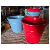 Lot of small metal buckets, decorative fountain, and various tools