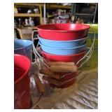 Lot of small metal buckets, decorative fountain, and various tools