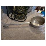 Lot of small metal buckets, decorative fountain, and various tools