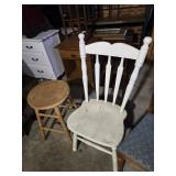 Lot of Chairs and Stools including White Spindle-Back Chair, Wooden Chair with Blue Cushion, Black Plastic Chair, and Wooden Bar Stool