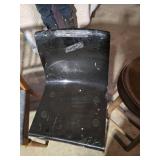 Lot of Chairs and Stools including White Spindle-Back Chair, Wooden Chair with Blue Cushion, Black Plastic Chair, and Wooden Bar Stool