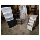 Plastic and Metal Storage and Organization Items including Drawers, Shelving Units, and Ironing Boards