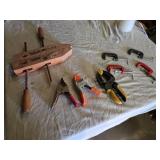 Woodworking Clamps and Tools Assortment including Sjobergs Wooden Clamp, Spring Clamps, and C-Clamps