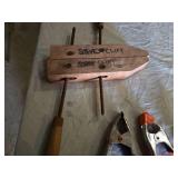 Woodworking Clamps and Tools Assortment including Sjobergs Wooden Clamp, Spring Clamps, and C-Clamps