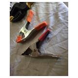 Woodworking Clamps and Tools Assortment including Sjobergs Wooden Clamp, Spring Clamps, and C-Clamps