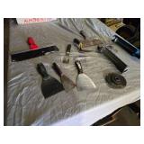 Lot of Hand Tools including Caulking Guns, Scrapers, and Grinding Disc