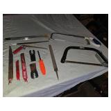 Hand Tools and Blades Lot including Nicholson Bow Saw, Lenox Hacksaw, and Various Saw Blades