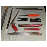 Hand Tools and Blades Lot including Nicholson Bow Saw, Lenox Hacksaw, and Various Saw Blades