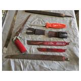 Hand Tools and Blades Lot including Nicholson Bow Saw, Lenox Hacksaw, and Various Saw Blades
