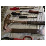Various Hand Tools including Hammer, Pliers, Screwdrivers, and Square