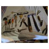 Lot of Hand Tools Including Stanley Hammer, Level, Tape Measure, and Screwdrivers