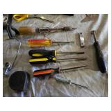 Lot of Hand Tools Including Stanley Hammer, Level, Tape Measure, and Screwdrivers