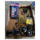 Lot of Hardware and Tools including Permatex Muffler & Tailpipe Band, Stanley Utility Knife, and Arrow Assorted Rivets