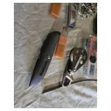 Lot of Hardware and Tools including Permatex Muffler & Tailpipe Band, Stanley Utility Knife, and Arrow Assorted Rivets