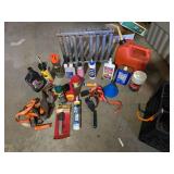 Lot of Automotive and Maintenance Supplies including Gas Can, Ratchet Straps, and Filter Wrench
