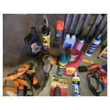 Lot of Automotive and Maintenance Supplies including Gas Can, Ratchet Straps, and Filter Wrench