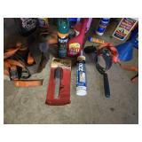 Lot of Automotive and Maintenance Supplies including Gas Can, Ratchet Straps, and Filter Wrench