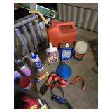 Lot of Automotive and Maintenance Supplies including Gas Can, Ratchet Straps, and Filter Wrench