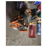 Lot of Automotive and Maintenance Supplies including Gas Can, Ratchet Straps, and Filter Wrench