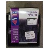 Assorted Office Supplies including Avery Pin Style Name Badges, Desk Lamp, and Various Stationery Items