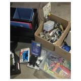 Collection of Office Supplies and Equipment including Filing Drawers, Desk Lamp, and Various Stationery Items