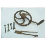 Antique Cast Iron Hand Crank Gear and Tools