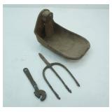 Antique Livestock Watering Cup and Other Cast Iron Tools