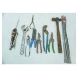 Hand Tools Lot: large wrench, shears, pliers, hammer, large drill bit