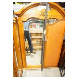 TV entertainment center, vintage wooden chairs, headboard, metal frame, mirror