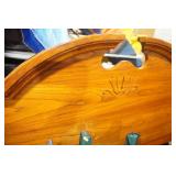 TV entertainment center, vintage wooden chairs, headboard, metal frame, mirror