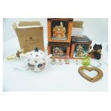 Vintage Ceramic Halloween Village Lighted Houses, American Flag Candle Holder Tea Kettle and more