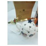 Vintage Ceramic Halloween Village Lighted Houses, American Flag Candle Holder Tea Kettle and more