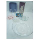 Rubbermaid Bar Pan, Pink Depression Glass Plate, Crystal Candle Holders, Glass Votive Holders