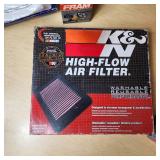 Assorted Automotive Filters and Parts including K&N High-Flow Air Filter, FRAM Oil Filters, and Wix Fuel Filter - See Pics