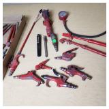 Air tools and accessories including various nozzles and pressure gauges