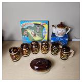 Ceramic Tea Pot, Mini  Mugs, Slip 