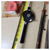 Assorted Fishing Equipment including Silstar Vertex Reel, Ice Fishing Rods, Rattle Reel, and Wire Fish Basket