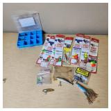 Fishing Gear Lot including Eagle Claw Snells, Lures, and Tackle Organizer