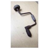 Old Hand Brace Drill Tool with Wooden Handles and Metal Chuck