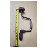 Old Hand Brace Drill Tool with Wooden Handles and Metal Chuck