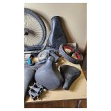 Mixed Bicycle Parts and Accessories including Kenda Bicycle Tube, Bell Brake Cable Set, Handlebars, and Pedals