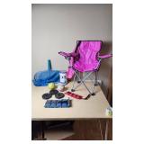 Lot including Pink Folding Chair, Decko Filter Cartridge, and Sports Equipment