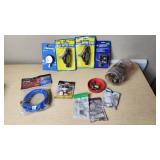 Various Brands Plumbing and Air Tool Accessories including Drill Master Drill Water Pumps, Merlin Pressure Gauge, and Apache Air Hose Lot